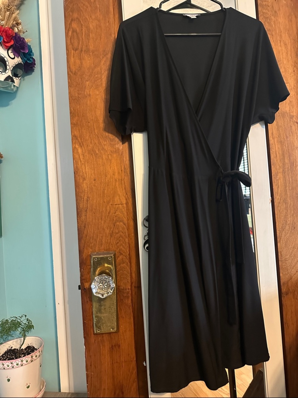 Halston Heritage Black Wrap Midi Dress with Tie Waist